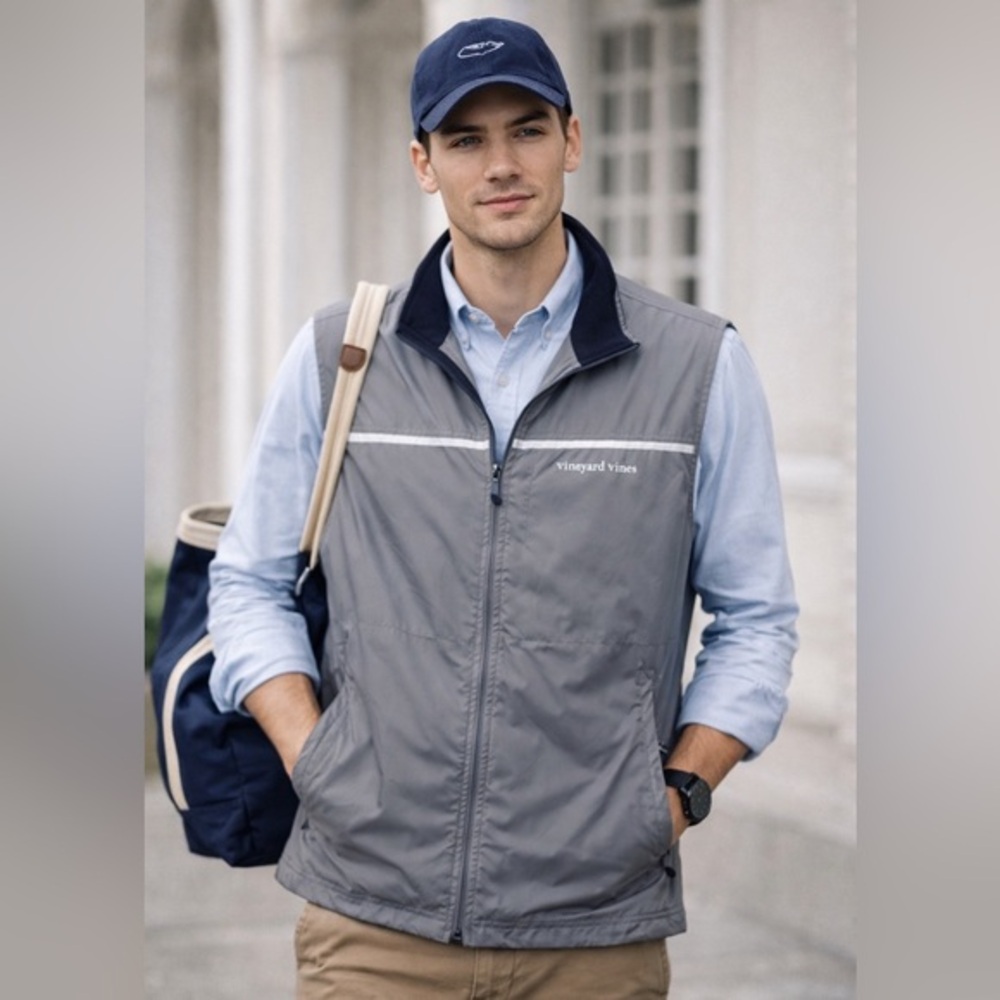 Vineyard Vines men’s performance gray Navy Reflective preppy coastal prep Vest